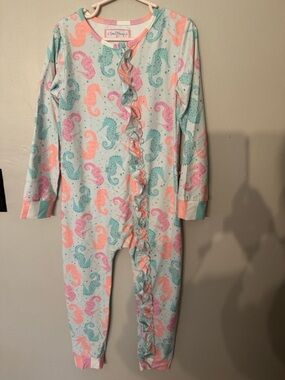 SweetHoney Mint Pink Coral Seahorse Ruffle Footed One-Piece